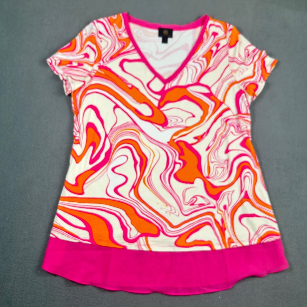 JM Collection Top Women M Pink Orange Marble V-Neck Chiffon Hem Blouse Swirl